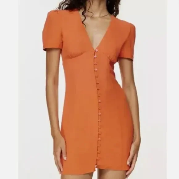 Aritzia Sunday Best Button Down Mini Dress Women Sz 4 Red Orange Short Sleeve - Picture 4 of 15
